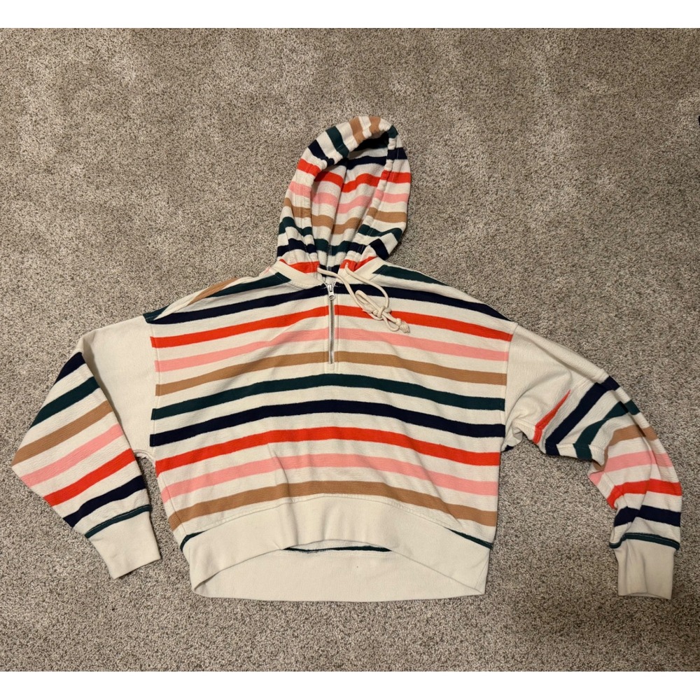 Aerie Women XS Striped Quarter‎ Zip Hooded Sweatshirt Cropped Multi Color Hoodie